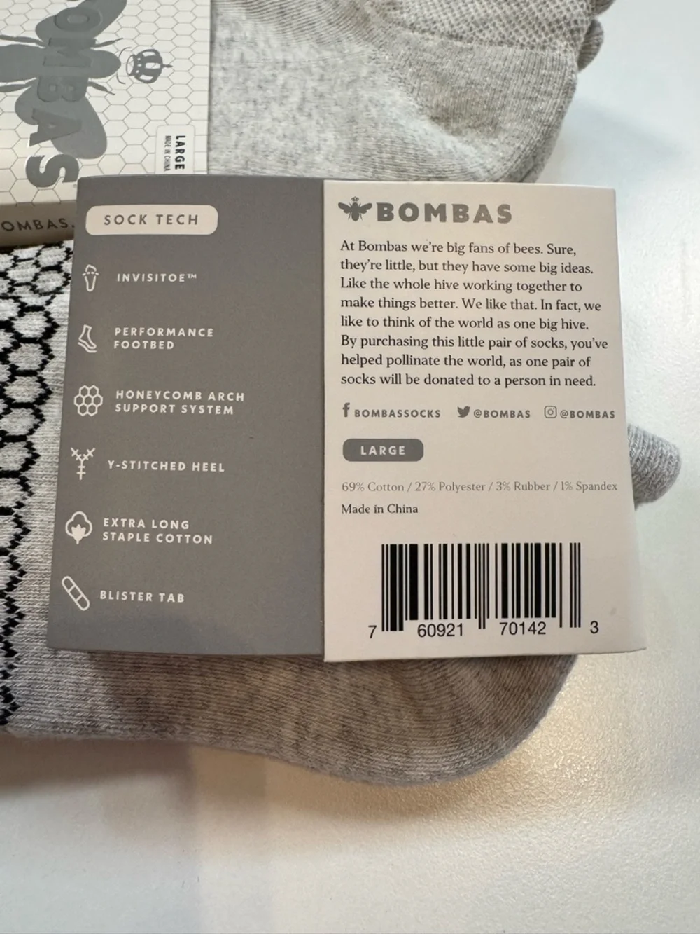 Bombas NWT Unisex Sock Tech 3PR total Color: Light Gray Size: Large